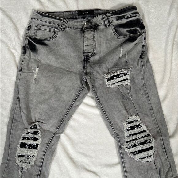 Amiri MX1 Grey & Black Jeans with Black Bandana Patches.